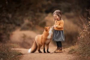 Petite fille et renard partageant un moment complice en pleine nature